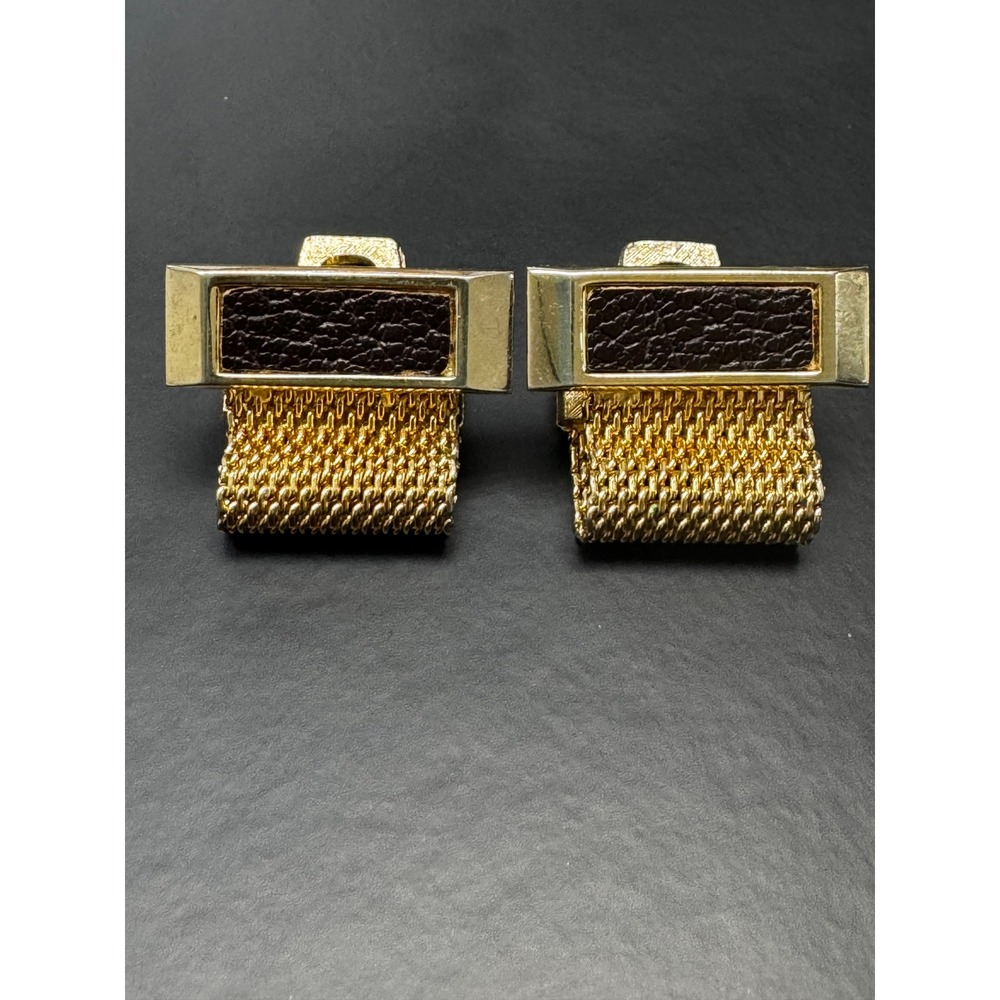 Vintage Hickok USA Gold Tone Mesh Wrap Cufflinks Brown Leather Inlay Mid-Century